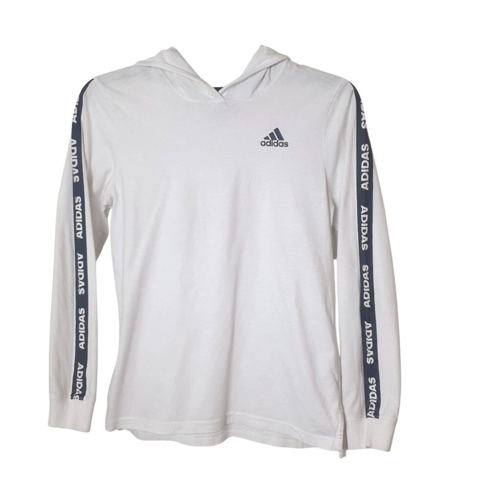 Adidas Boys M Hooded Lng Slv Go-To White T-Shirt Logo Sporty Sportswear Athletic